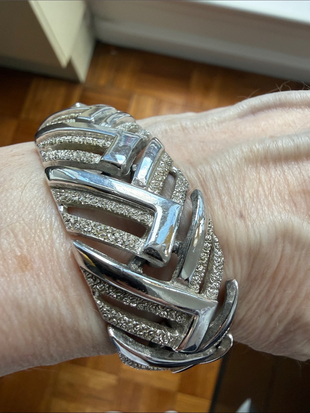 Vintage Monet Dual Textured Chevron Link Silver Plated Bracelet. Circa 1950’s.